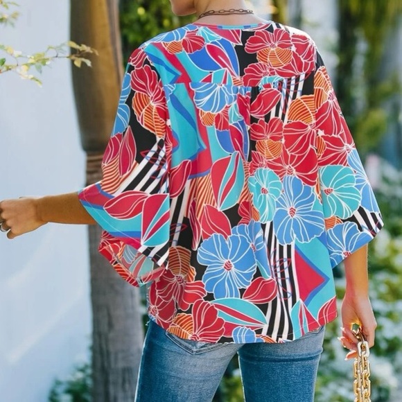 Boho floral print batwing sleeve blouse blouse - Picture 3 of 7